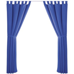 2er Set blaue Dekoschals (140x175 cm) mit Schlaufen, Raffhaltern und Haken für Fenstervorhänge.