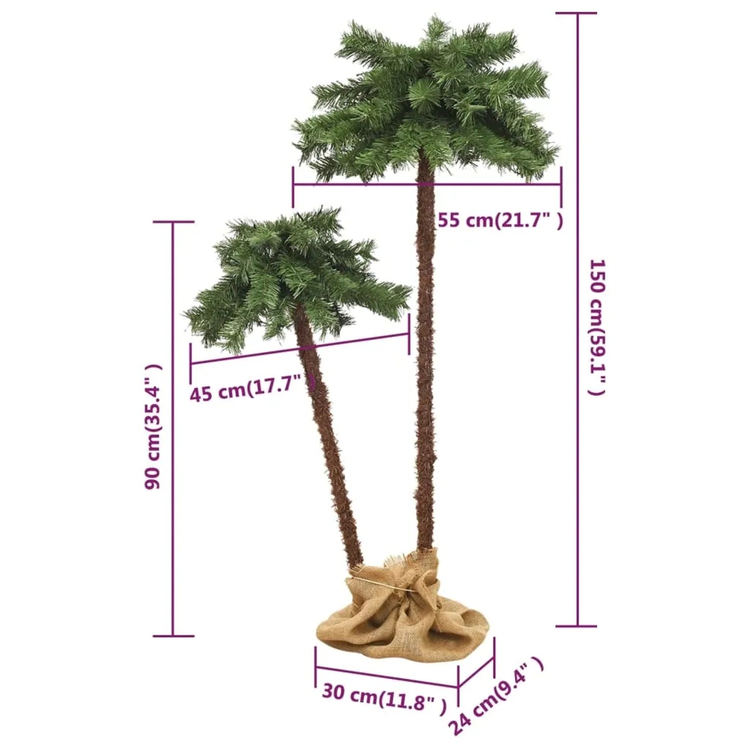 Künstliche Doppel-Palme mit LEDs, 90 und 150 cm, für tropische Deko im Innenbereich.