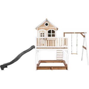 Axi Liam Spielhaus mit Schaukel und Rutsche in Braun, Weiß und Grau. Inklusive Sandkasten.