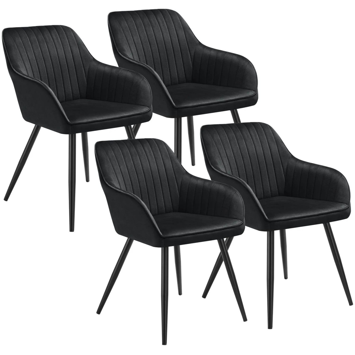 Tectake Esszimmerstuhl Marilyn Gepolstert  In Samtoptik  Gesteppt Durchgehende Lehne 4Er Set 62 x 58 x 82 cm Schwarz Schwarz