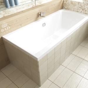 Weiße Bad Land INES Rechteck-Badewanne 160x75 mit Wannenträger und Ablauf in modernem Badezimmer.