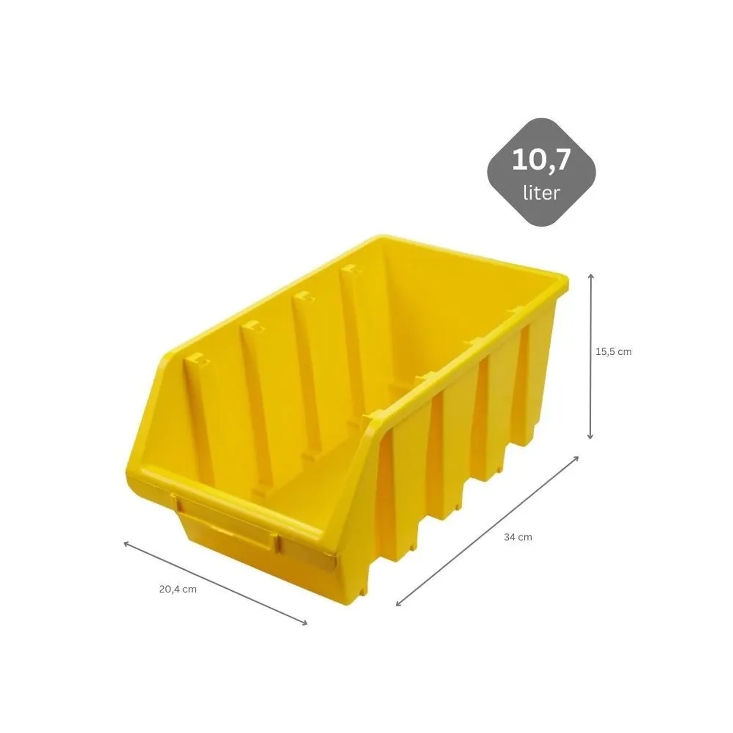 Gelbe PROREGAL Sichtlagerbox (15,5x20,4x34 cm) aus Polypropylen, ideal für Aufbewahrungssysteme.