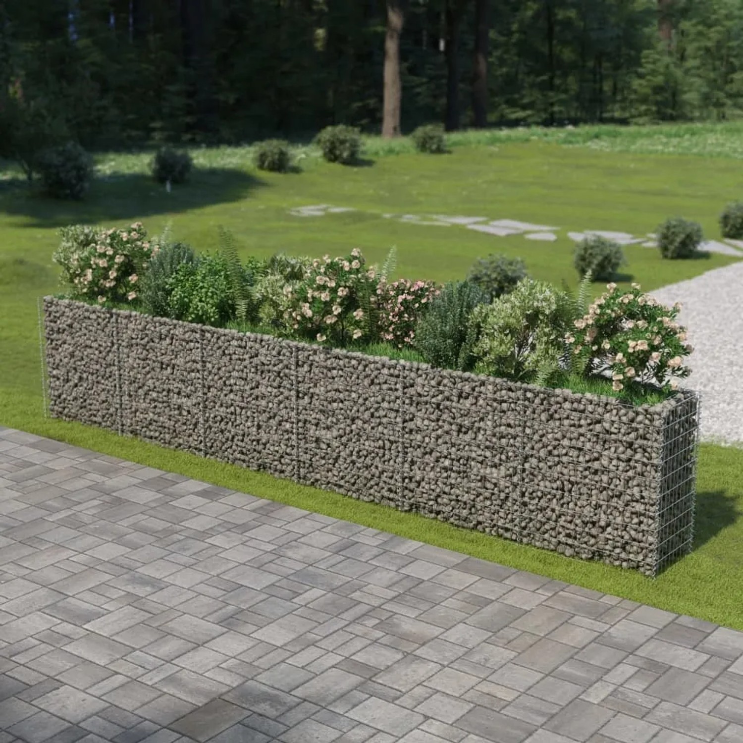 VidaXL Gabionen-Hochbeet aus Stahl, 540x50x100 cm, gefüllt mit Steinen und bepflanzt.
