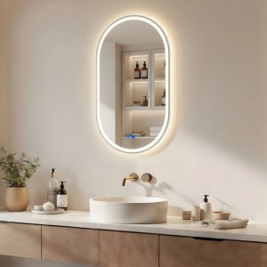 Ovaler LED Badspiegel 50x80 cm mit gebürstetem Silberrahmen, Beleuchtung, Antibeschlag & Touch-Steuerung.