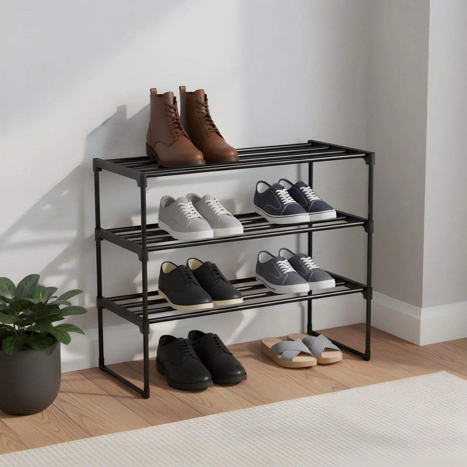 Relaxdays Schuhregal Metall Schwarz Stapelbar Stecksystem 2 Ebenen 38 cm x 92 cm x 30 cm_3