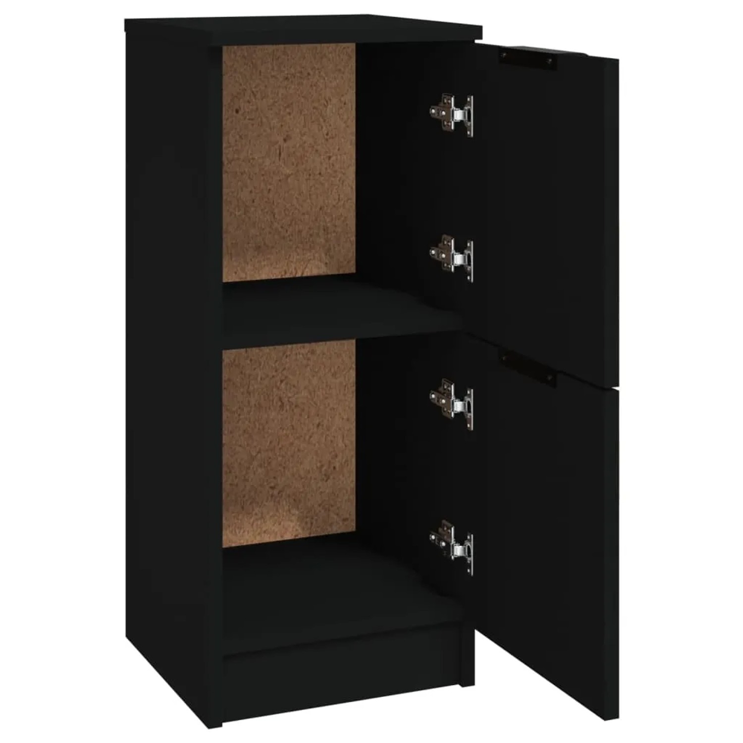 Schwarzes vidaXL Sideboard (2er-Set, 30x30x70 cm) aus Holzwerkstoff, mit offenen Türen und Regalfächern.