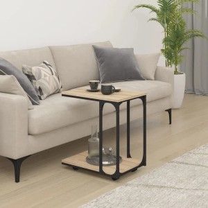 vidaXL Beistelltisch Sonoma Eiche mit Rollen, C-Form Design, Holzwerkstoff und Stahl, 50x35x55,5 cm.