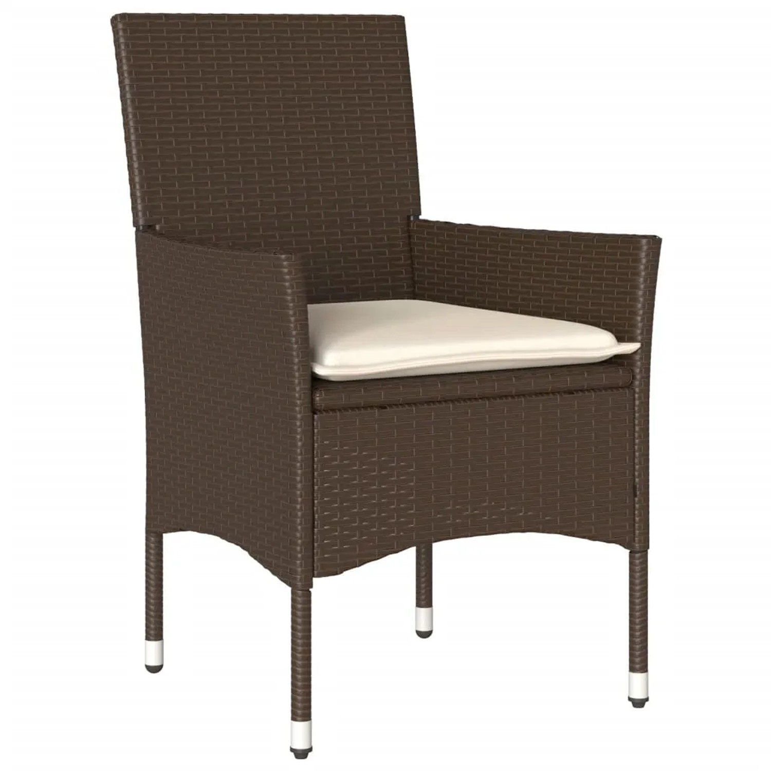 Brauner Gartenstuhl aus Rattan mit cremefarbenem Kissen, Teil der vidaXL 7-tlg Essgruppe.