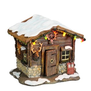 Luville Collectables LED-Berghütte mit Schnee, bunten Lichtern und Hirschköpfen. Batteriebetriebene Weihnachtsdeko.
