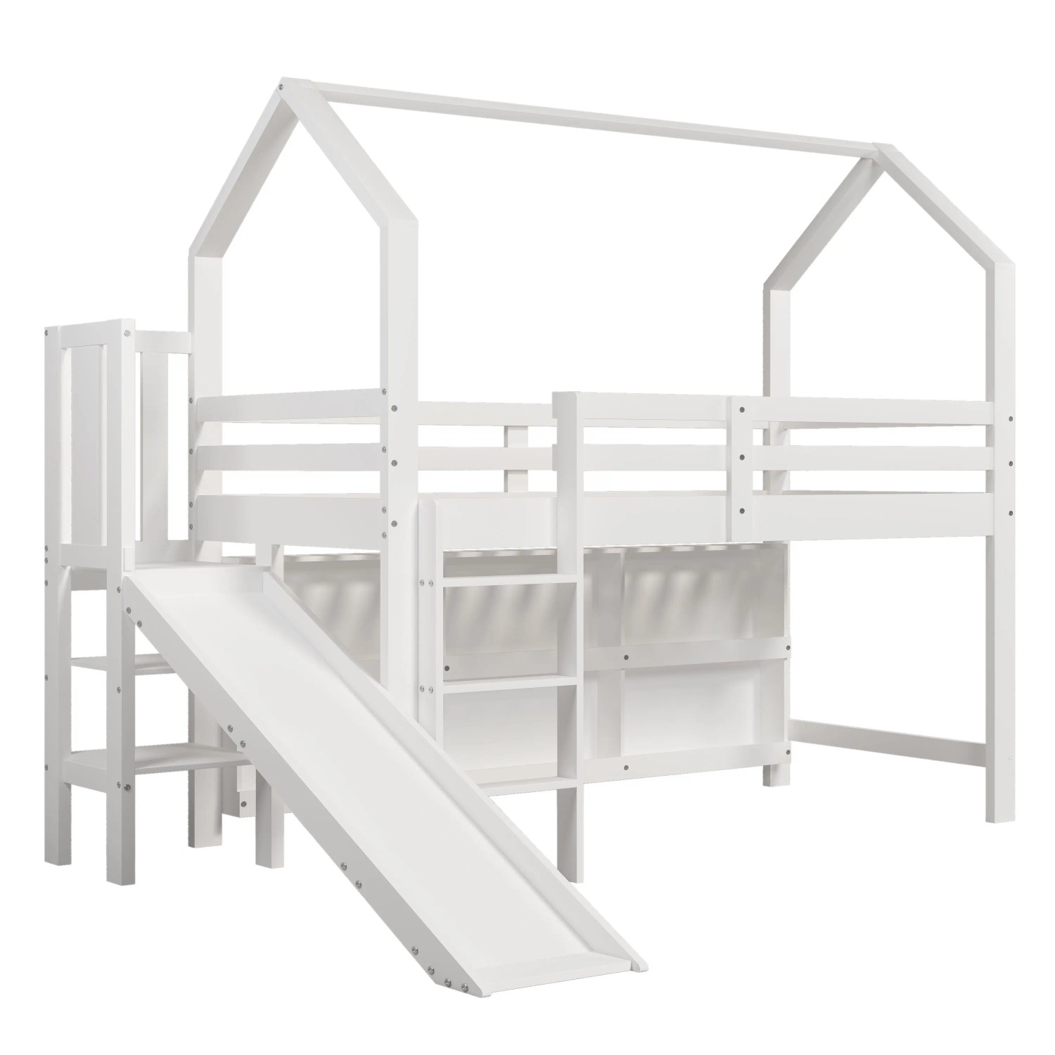 Merax Kinderbett 90 x 200 cm mit Rutsche Treppe Regal Schrank Weiß