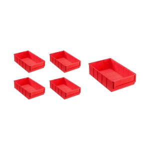 Set aus 5 roten PROREGAL Industrieboxen, 3,4 Liter, für Aufbewahrungssysteme.