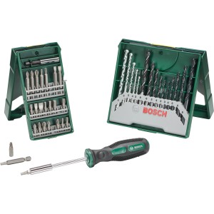 Bosch Mini X-Line Bit-Set, 41-teilig mit Bohrern, Bits und Schraubendreher in grüner Box.