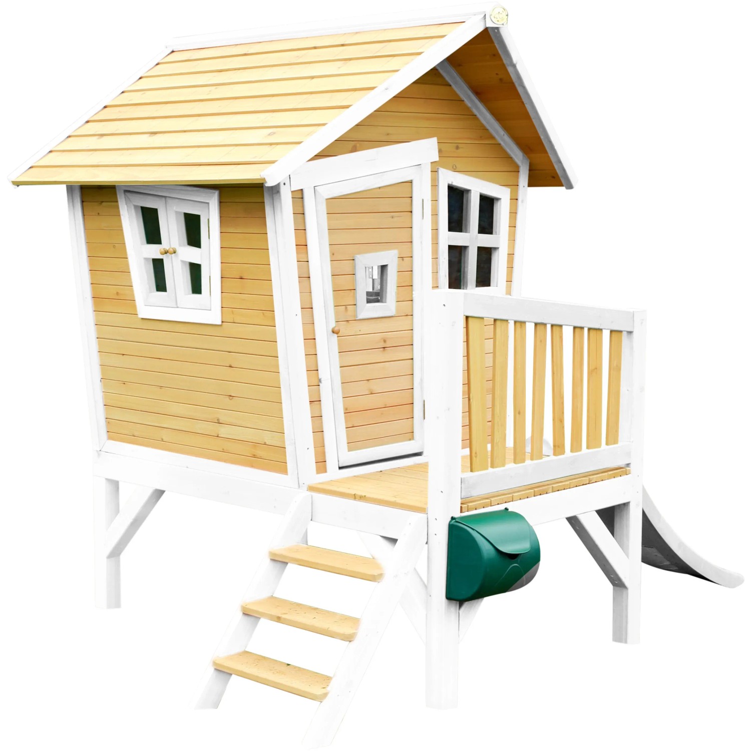 Axi Robin Spielhaus aus Holz in Braun-Weiß mit Rutsche, Leiter und Veranda.