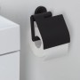 Schwarzer Tiger Toilettenpapierhalter Boston mit Deckel aus Edelstahl an weißer Wand.