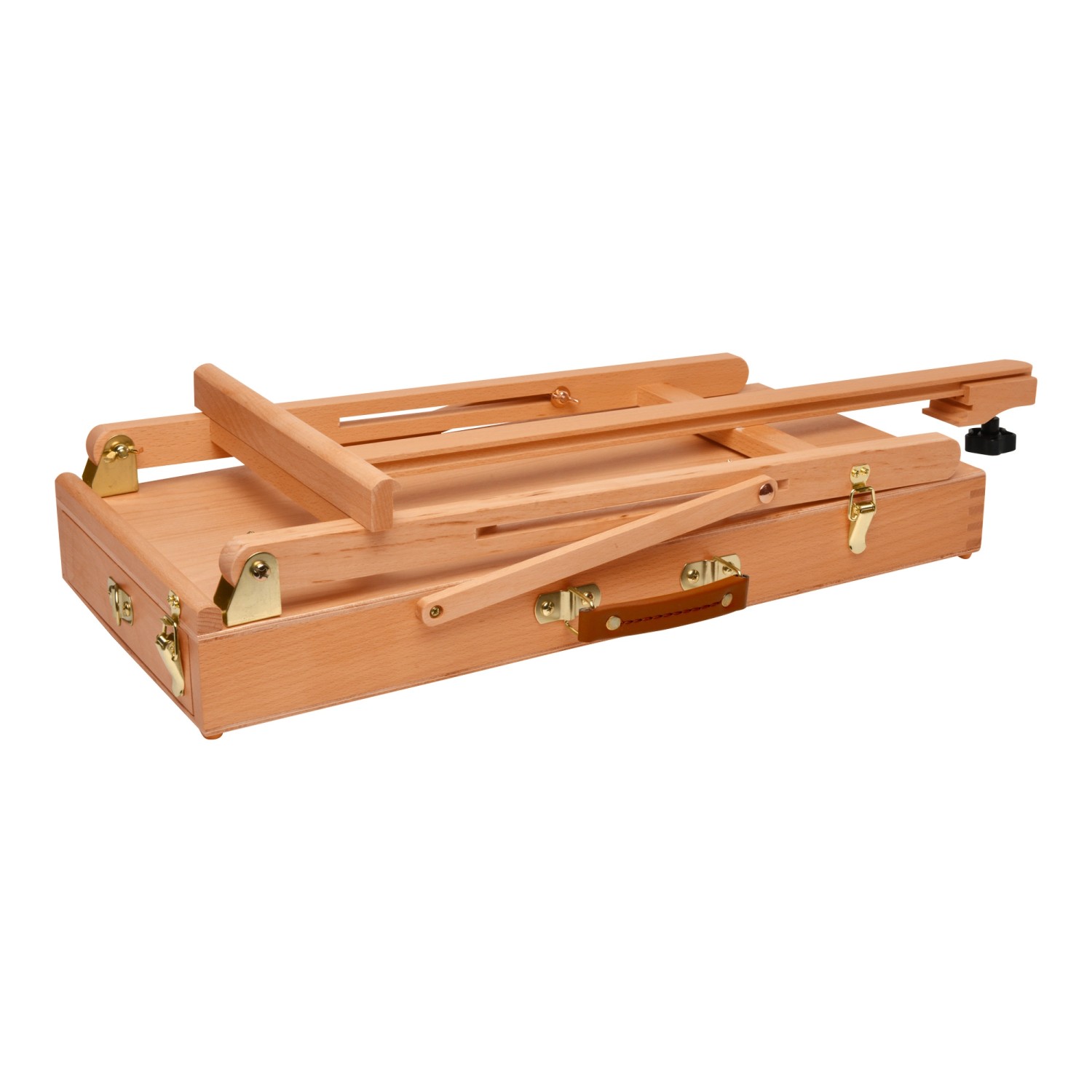 Zusammengeklappte Artina Le Mans Staffelei aus Buchenholz, ideal für den Transport und die Aufbewahrung.