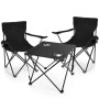 Schwarzes Camping Set: 2 Faltstühle und 1 Klapptisch mit Getränkehaltern.