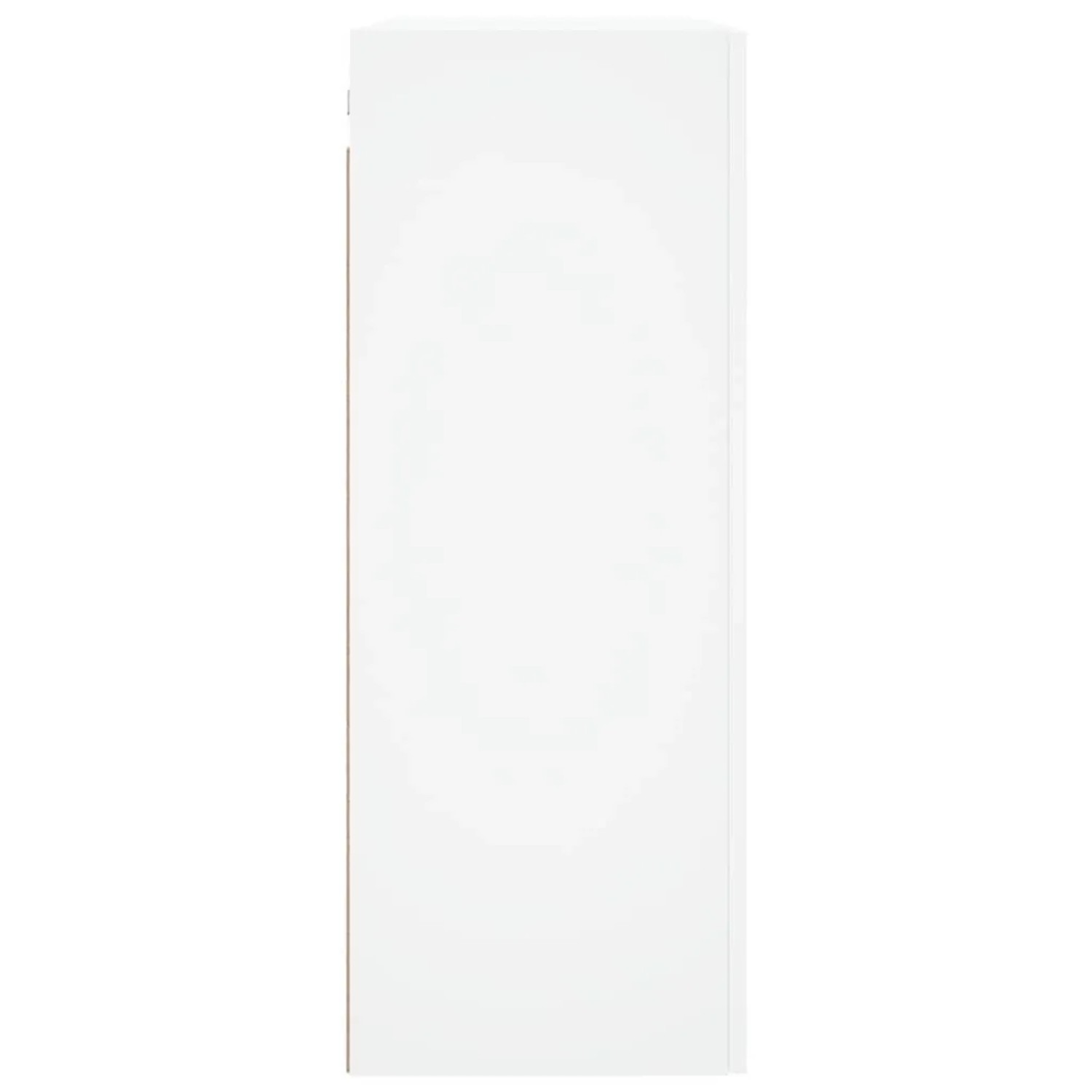 Schlanker, weißer Wandschrank aus Holzwerkstoff. Seitenansicht des modernen Wohnzimmerschranks.