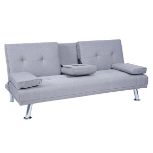 Helles, graues 3er-Sofa MCW F60 Textil mit Tassenhalter und Schlaffunktion.