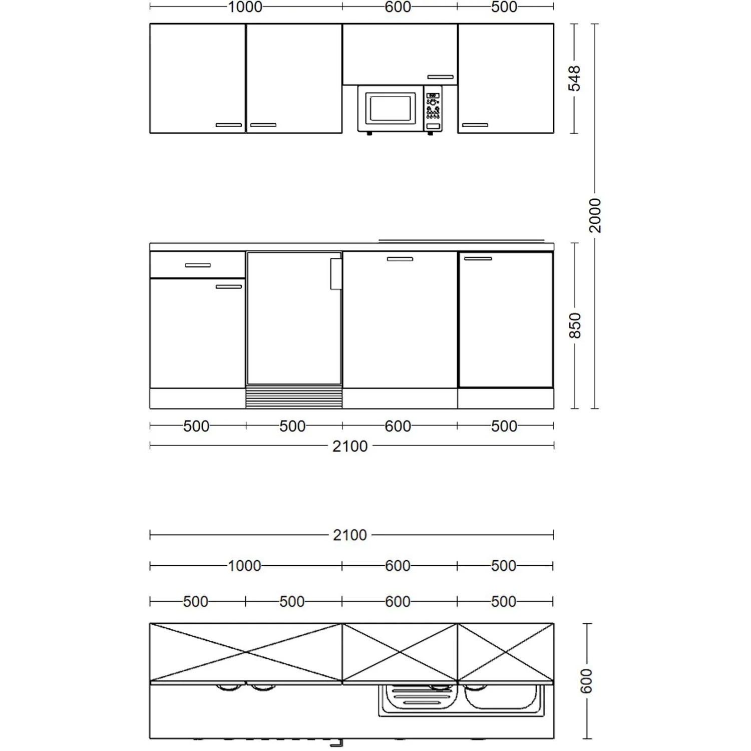 Skizze der weißen Flex-Well Classic Büroküche Wito, 210 cm breit, mit Maßen.