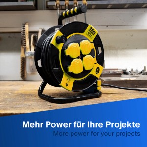 REV Ritter Kabeltrommel mit 4-fach Steckdose, 25m Kabel, schwarz-gelb.