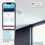 Homematic IP Alarmsirene für Innenräume, dargestellt mit Smartphone-App und montierter Sirene.