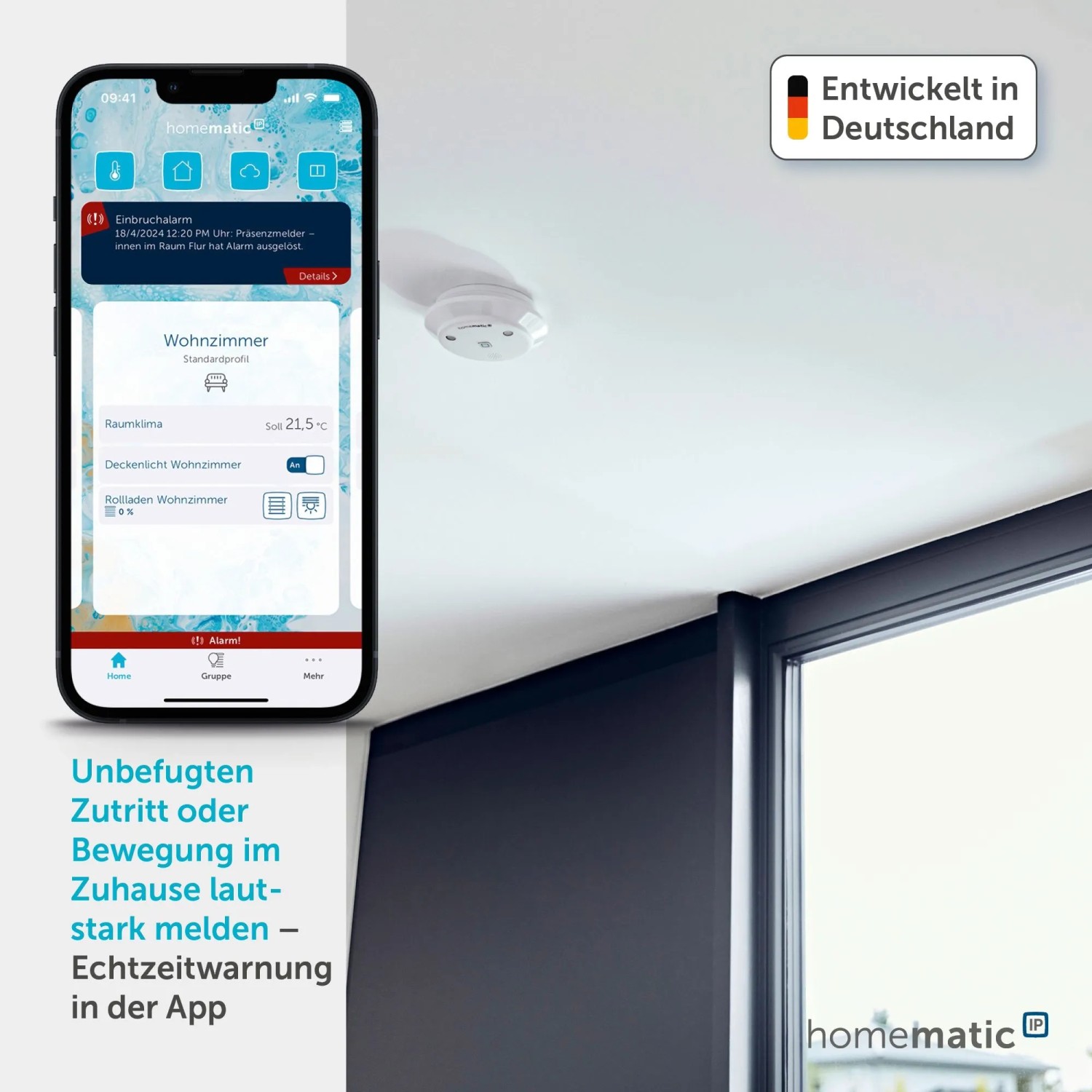 Homematic IP Alarmsirene für Innenräume, dargestellt mit Smartphone-App und montierter Sirene.