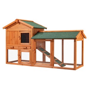 Wiltec 2 Etagen Hasenstall aus Holz mit grünem Dach, Freilauf und Rampe für Nager.