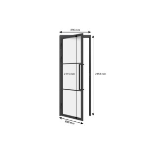 inova Loft Glastür satiniert, 3 Felder, schwarz, mit Griffstange und Zarge, DIN Links. 830x2115 mm.