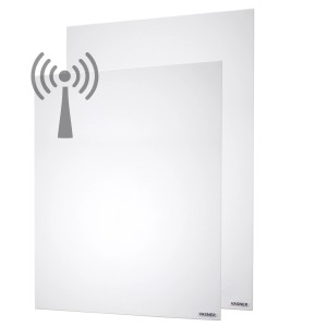 Weiße Vasner Konvi RX Hybrid-Infrarotheizung (1200 W) mit Funksymbol, vertikale Elektroheizung.