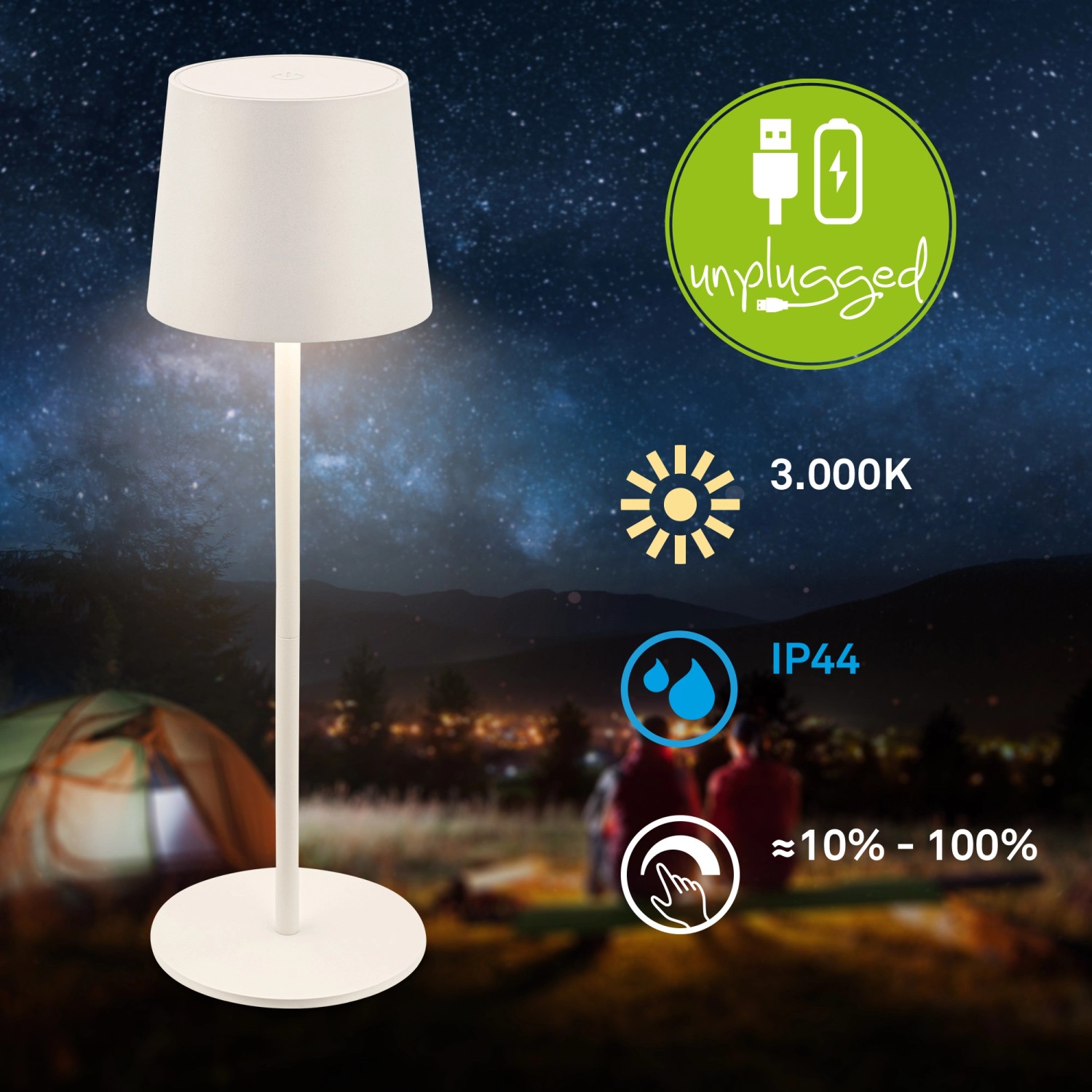 Brilo Akku-LED-Tischleuchte Bota, altweiß, Ø 11 cm, warmweißes Licht, dimmbar, für Innen & Außen.