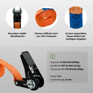TRUTZHOLM Ratschen Spanngurt, 4 m, 0,8 t, orange mit schwarzer Ratsche.