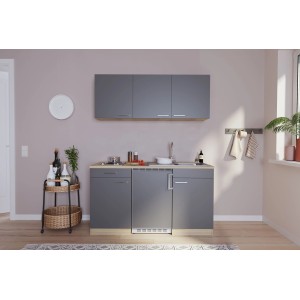 Respekta Miniküche KB150ESG 150 cm Grau mit Spüle, Kochfeld und Kühlschrank.