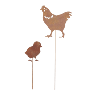 Gartenstab Marlene von Boltze: Rostfarbene Huhn- und Küken-Silhouette als Gartendeko.