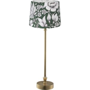 Schmale PR Home Tischlampe Liam mit grünem Textilschirm und Blumenmuster, Messingfuß.