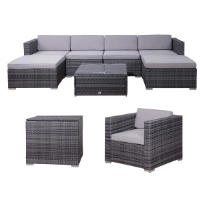 Graue Svita Lugano XL Gartenlounge aus Polyrattan mit Sessel, Tisch, Bank und Kissenbox.