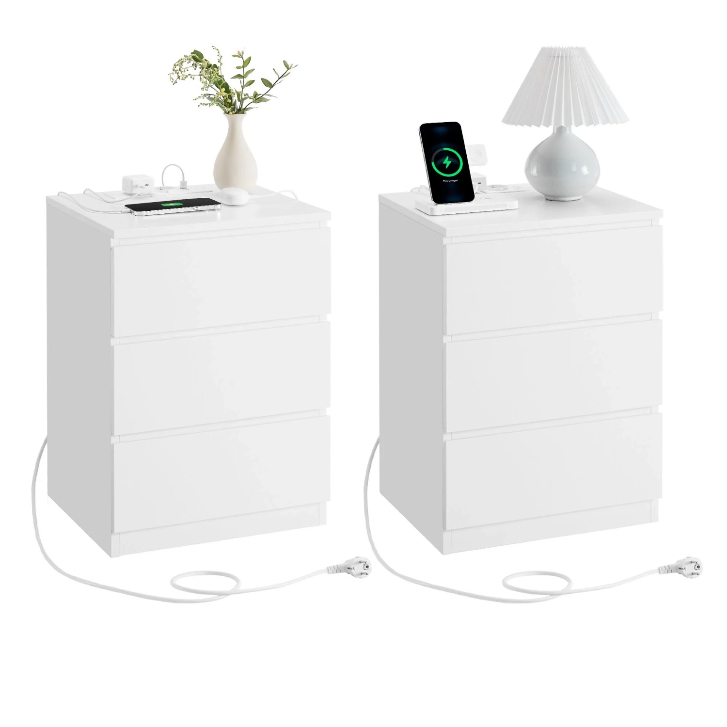 Vasagle Nachttisch mit Steckdosenleiste 59 cm x 40 cm x 35 cm Weiß