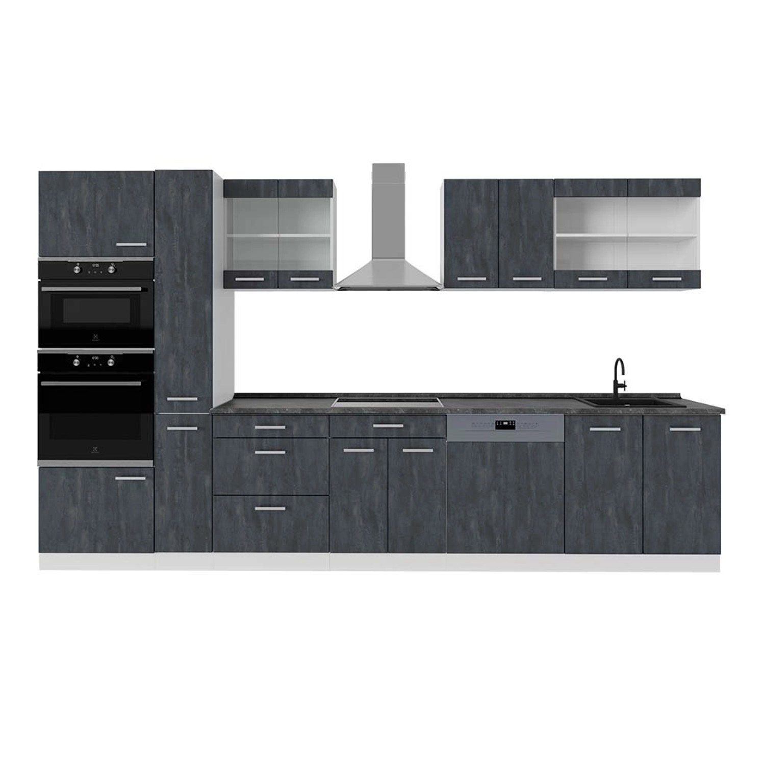 Vicco R-Line Komplettküche Schwarz Beton/Weiß 350 cm AP Anthrazit günstig online kaufen