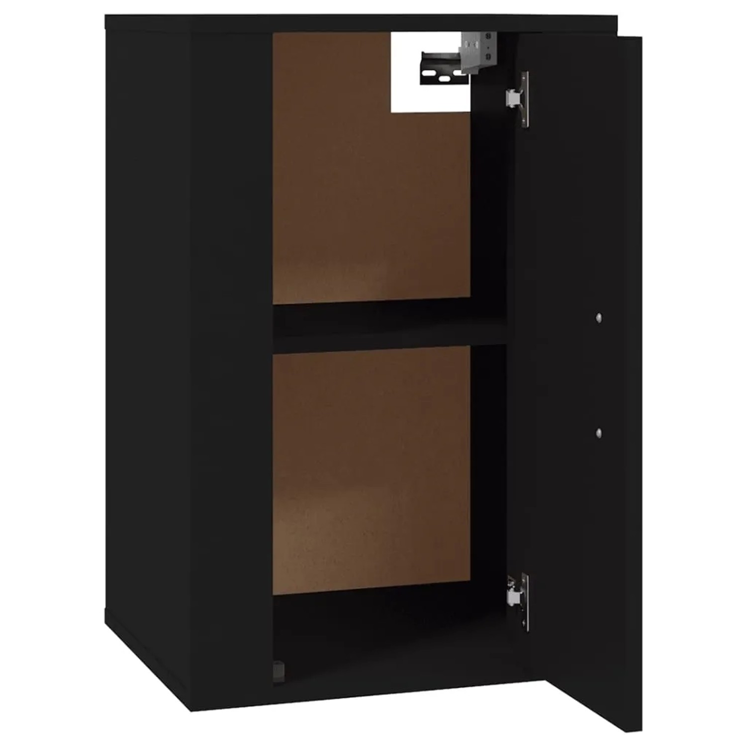 Schwarzer VidaXL TV-Wandschrank (40x34,5x60 cm) mit offener Tür und zwei Fächern.