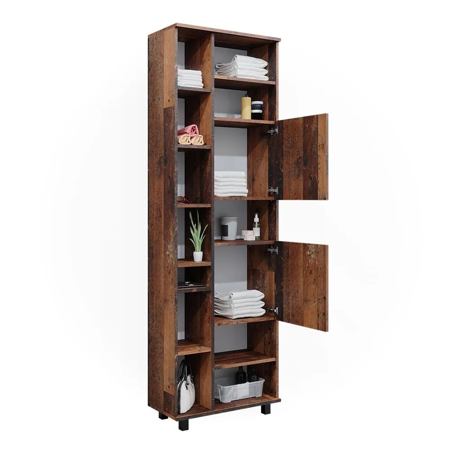 Vicco Badschrank Ilias Eiche Rustikal, 60x190cm, mit Türen und offenen Fächern für Badutensilien.