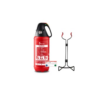 Roter FireLoq 2kg Pulver Feuerlöscher mit Manometer, Prüfnachweis und schwarzem Wandhalter für Auto & Pannenhilfe.