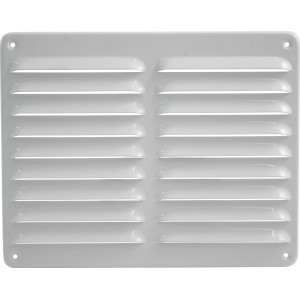 Weißes Marley Lüftungsgitter aus Aluminium, 245x195 mm, mit horizontalen Lamellen.