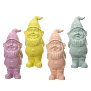 4 Keramik-Gartenzwerge in Lila, Gelb, Rosa und Mintgrün, 25 cm hoch.