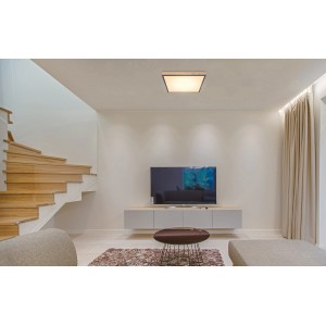 Quadratische LED-Deckenleuchte Doro in Holzfarben/Graphit, 45x45 cm, dimmbar mit Fernbedienung.