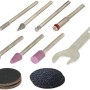 Zubehör-Set für Worx MakerX Multifunktionswerkzeug: Schleif-, Polier- und Gravuraufsätze, sowie Schraubenschlüssel.