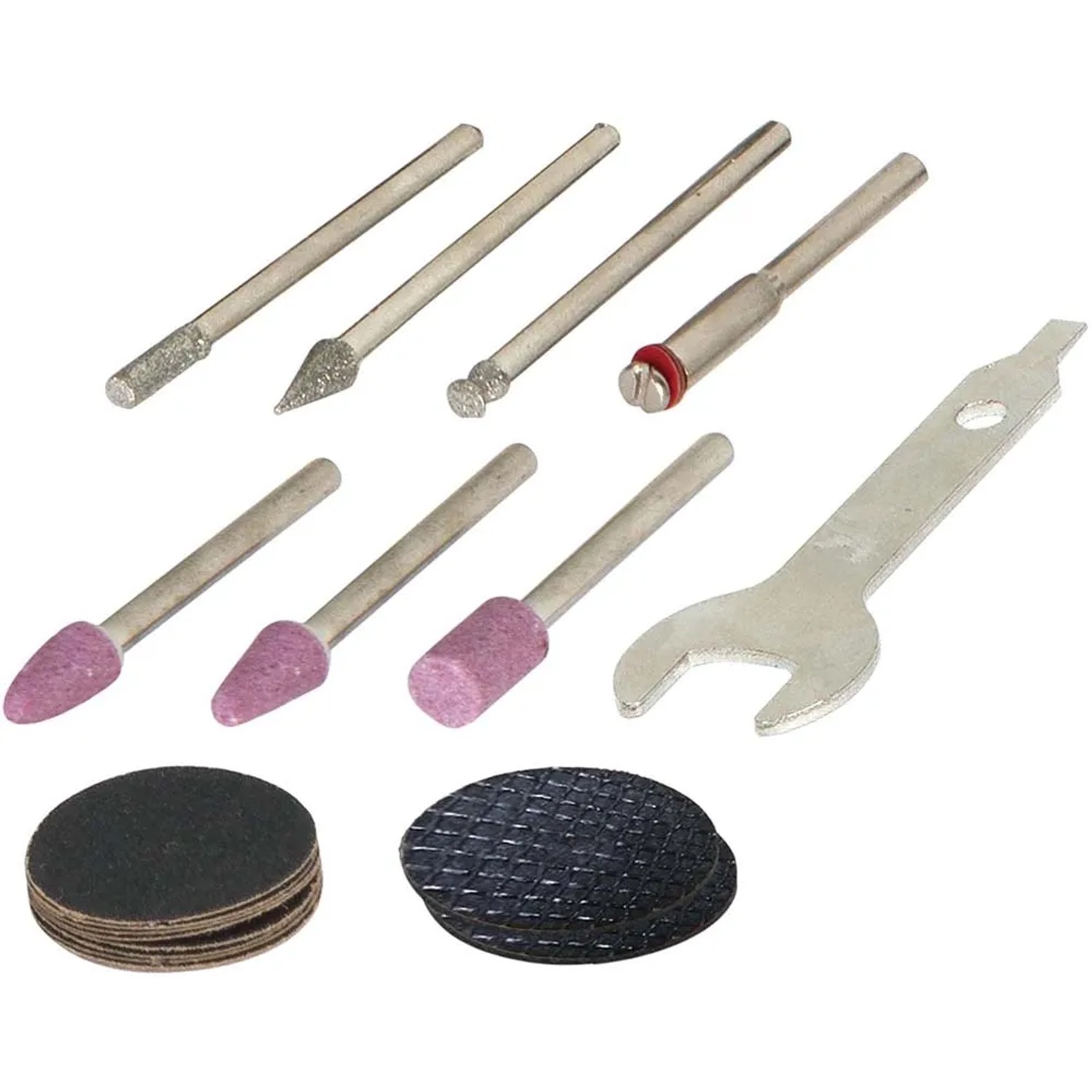 Zubehör-Set für Worx MakerX Multifunktionswerkzeug: Schleif-, Polier- und Gravuraufsätze, sowie Schraubenschlüssel.