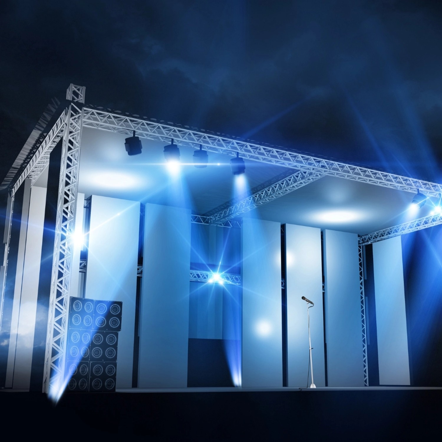 Bühne mit LUXULA LED-Strahlern, RGB Farbwechsel, 50W, IP65 Außenstrahler mit Fernbedienung.