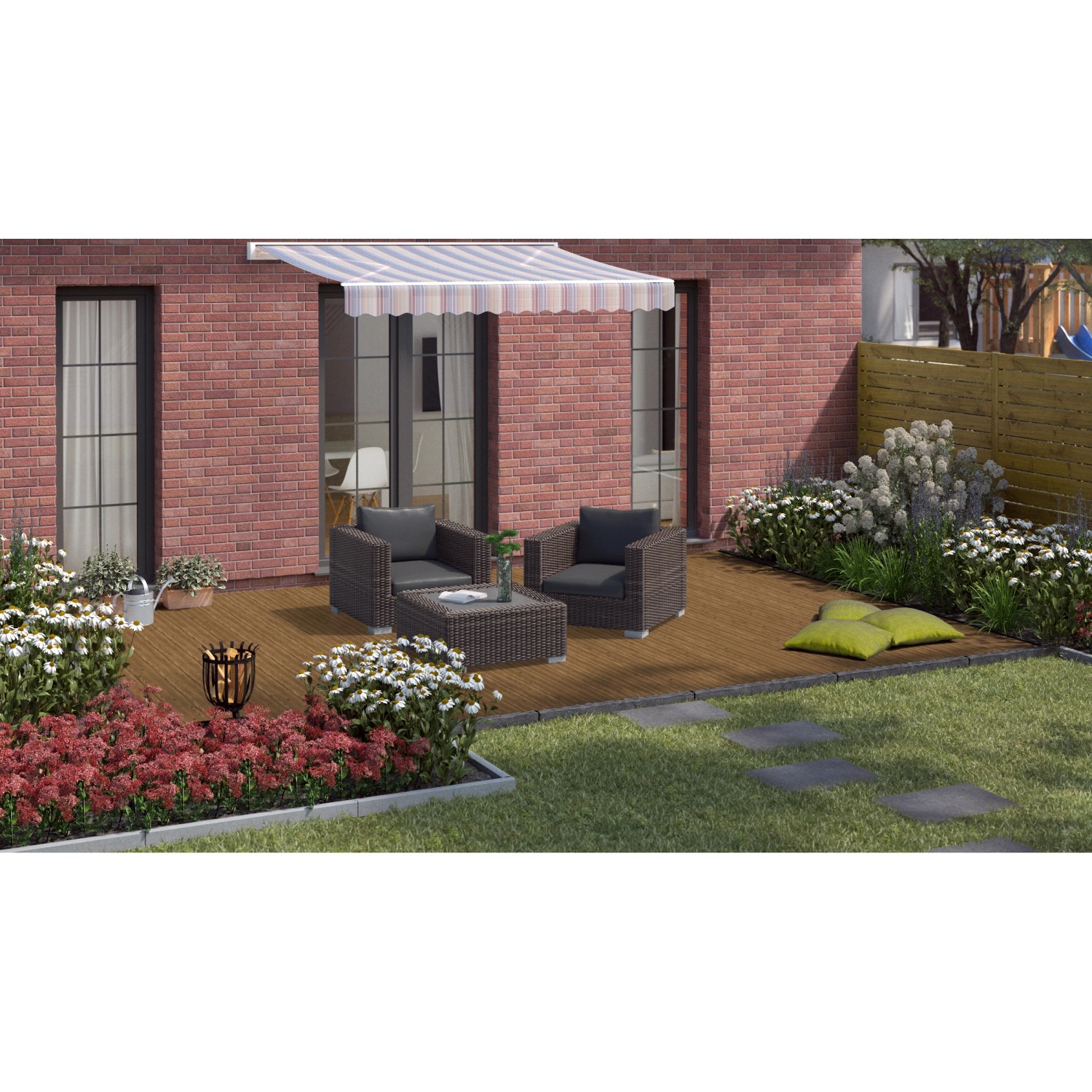 Terrasse mit braunen Nadelholz-Terrassendielen und Gartenmöbeln.