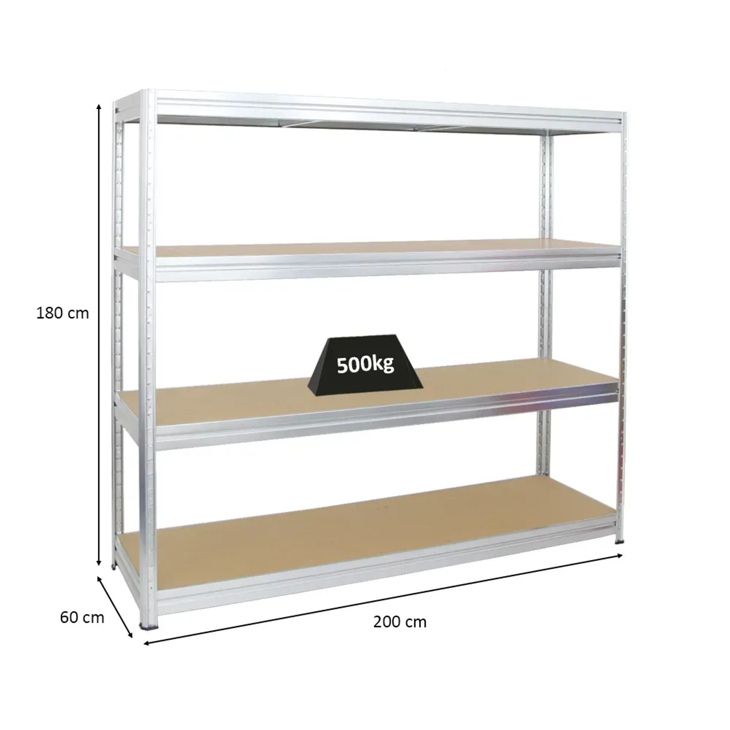Verzinktes PROREGAL Schwerlastregal Dino, 180x200x60 cm, mit 4 Böden für 500 kg Fachlast.