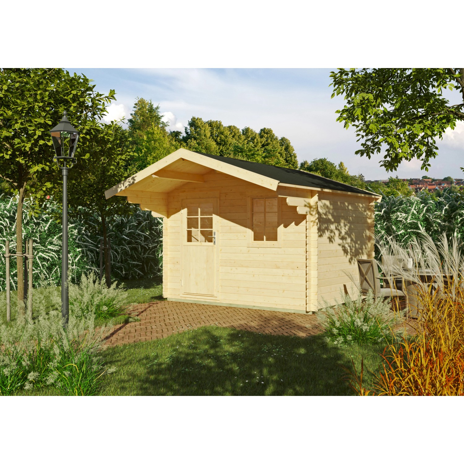 Kiehn-Holz Gartenhaus KH 28-016 aus unbehandeltem Holz, 300x230 cm, im Garten.