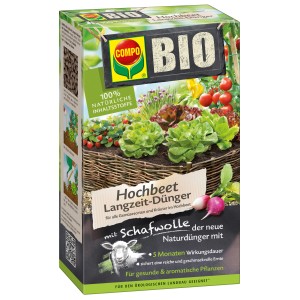 Compo Bio Hochbeet Langzeit-Dünger mit Schafwolle, 750g Packung für Gemüse und Kräuter.